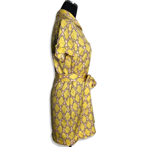 Kate Spade Silk & Linen Yellow Pink Collared Shirt Dress with tie belt - medium - Picture 3 of 14